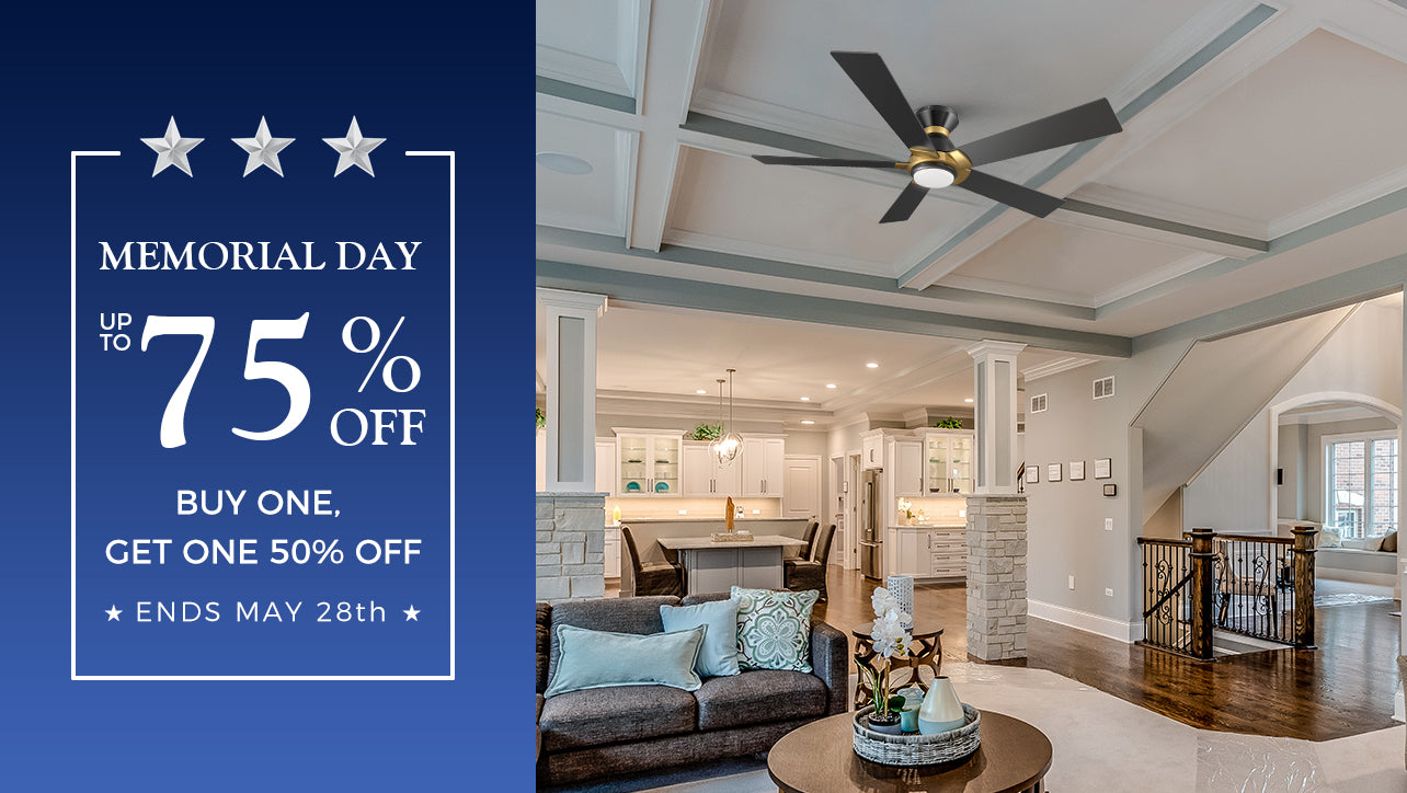 Aspen low profile ceiling fan with led dimmable light in modern living room for memorial day sale banner.