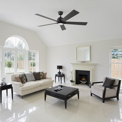 Modern living room with the Aspen smart ceiling fan in black, complementing a clean, elegant interior with quiet and efficient cooling. 