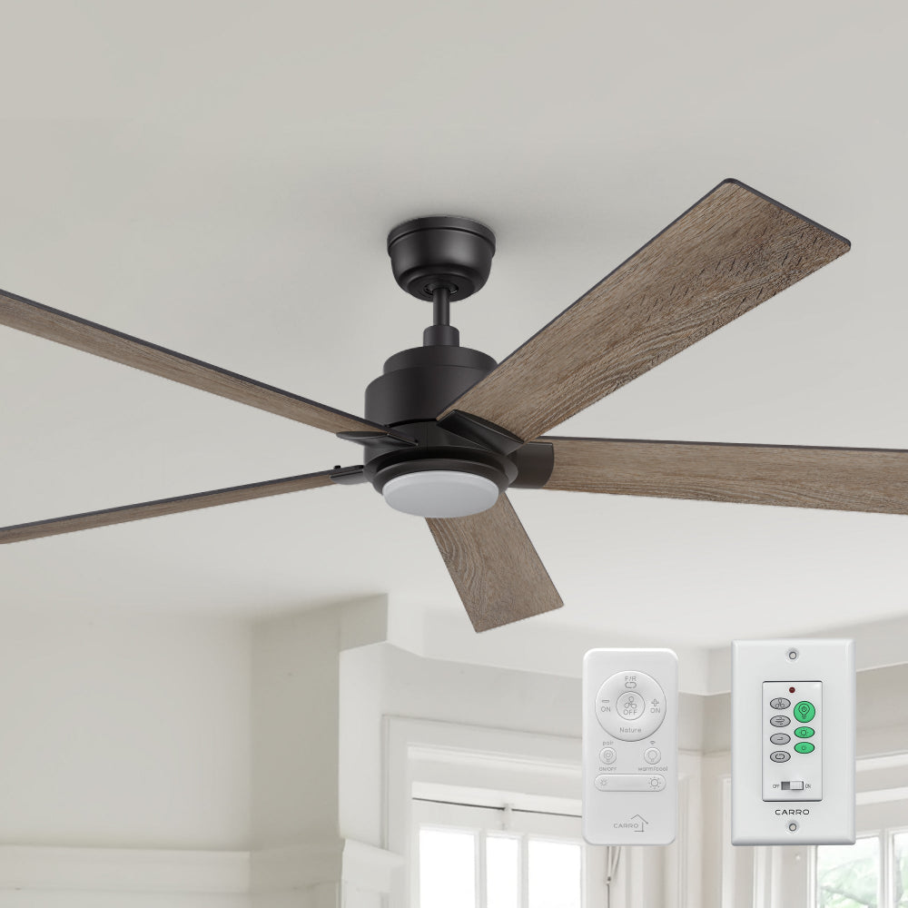 Close-up of the Aspen smart ceiling fan with a 60-inch span, black blades, LED light, remote, and a wall switch for convenient control. 