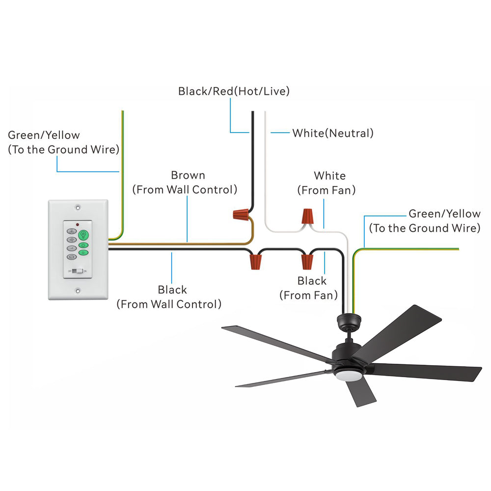 Illustration of the Aspen2 60-inch ceiling fan wiring setup with wall switch control.  It shows the connection of various wires: Black/Red (Hot/Live), White (Neutral), Green/Yellow (Ground), and Black/Brown wires from the wall control and ceiling fan.  The image includes a black ceiling fan with five blades, a wall control switch with multiple buttons, and detailed wiring instructions for proper installation.