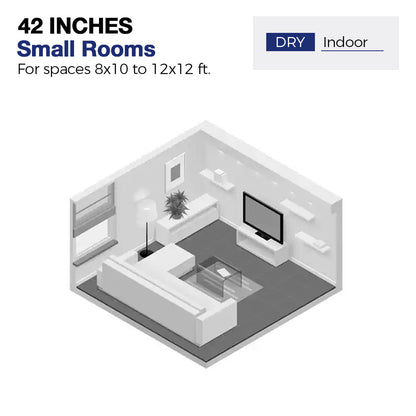 Diagram of a 42-inch ceiling fan designed for small indoor rooms measuring 8x10 to 12x12 feet, specifically for dry environments. The image illustrates a stylized living room layout with furniture, showcasing the fan&