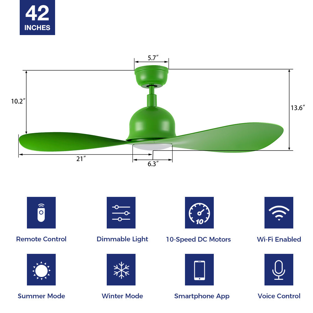 Unique 42-inch Azure ceiling fan with LED light, remote control icons showing smart features like Wi-Fi and voice control. 