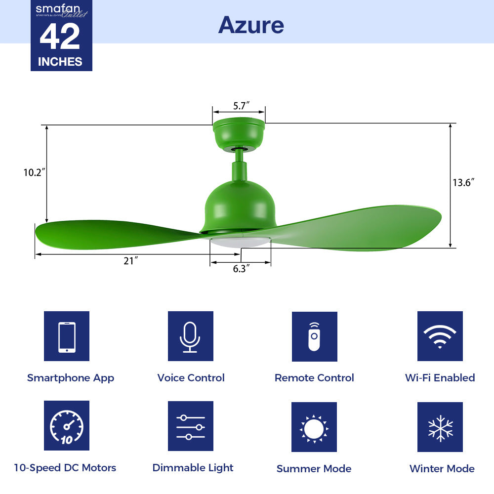 Unique 42-inch Azure ceiling fan with LED light, remote control icons showing smart features like Wi-Fi and voice control. 