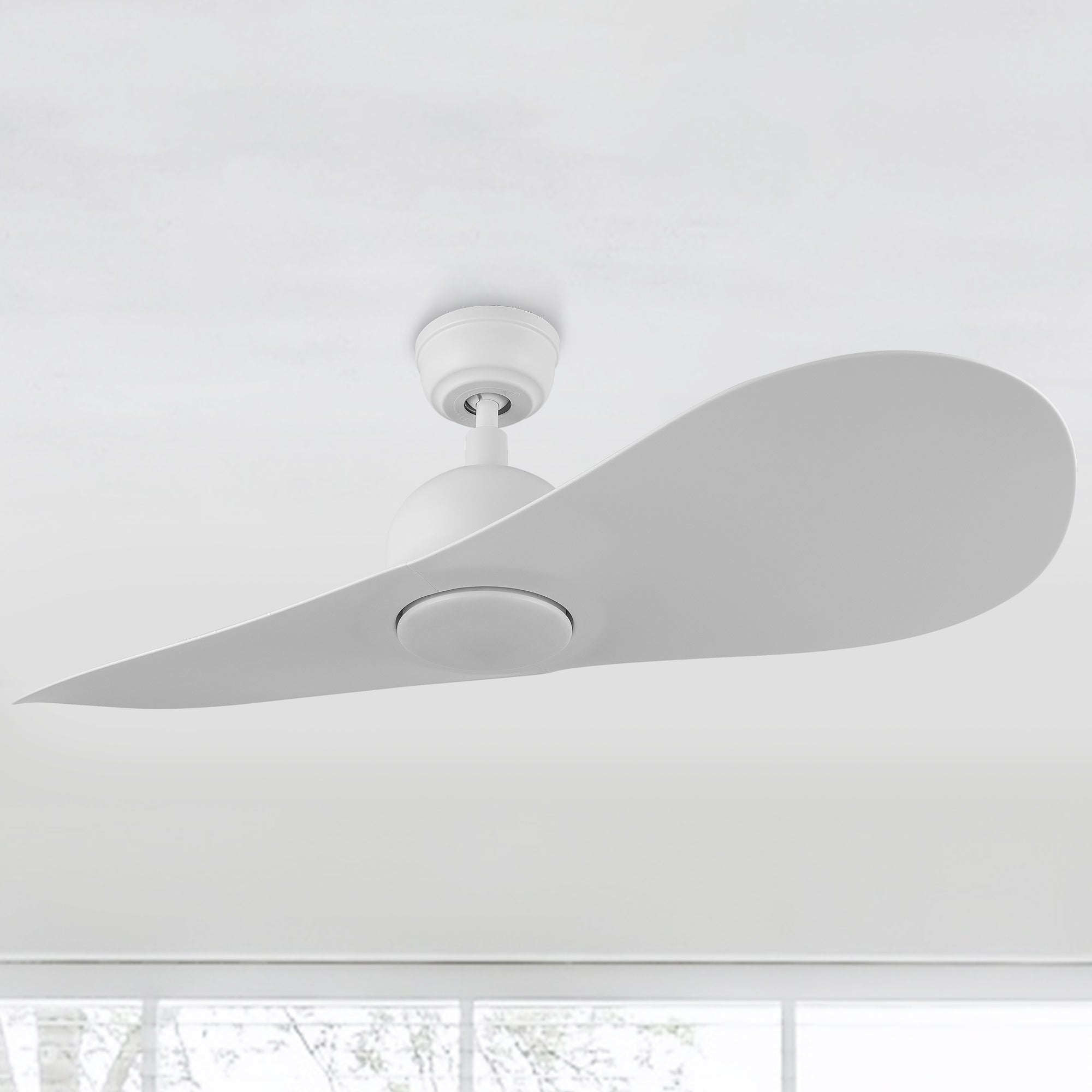 White Azure modern ceiling fan with dimmable LED light, designed for modern spaces with smart control functionality via WIFI apps, wireless Bluetooth and voice control. 