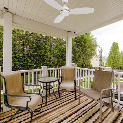 This versatile and damp-rated outdoor ceiling fan with dimmable light is perfect for a wide range of outdoor areas, from patios to porches. 