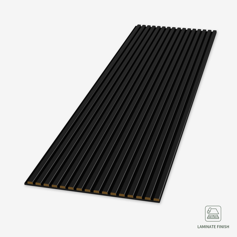 Black matte acoustic slat wall panel displayed flat, showcasing its modern design and vertical slats for soundproofing and decorative use.
