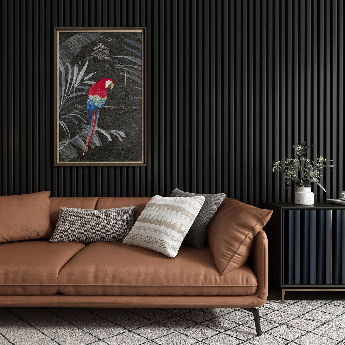 Modern living room with black matte acoustic slat wall panels, complemented by an orange sofa and bold wall art, creating a stylish and vibrant look.