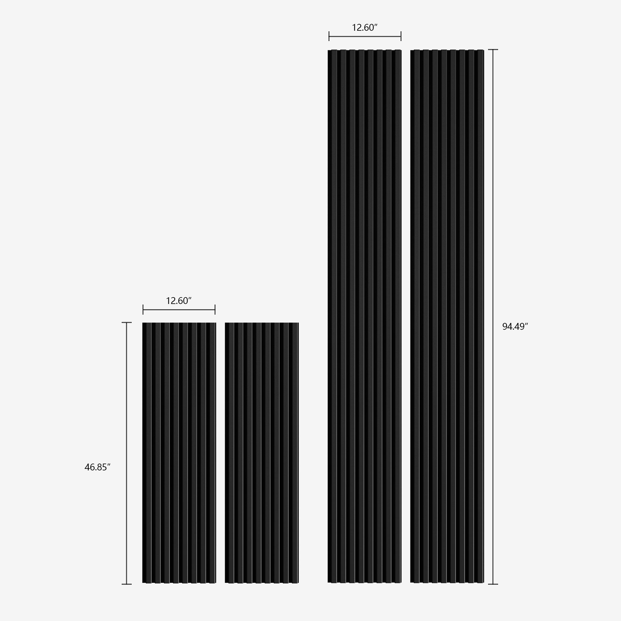 Size dimensions of black matte acoustic slat wall panels, showing height variations for versatile installation.