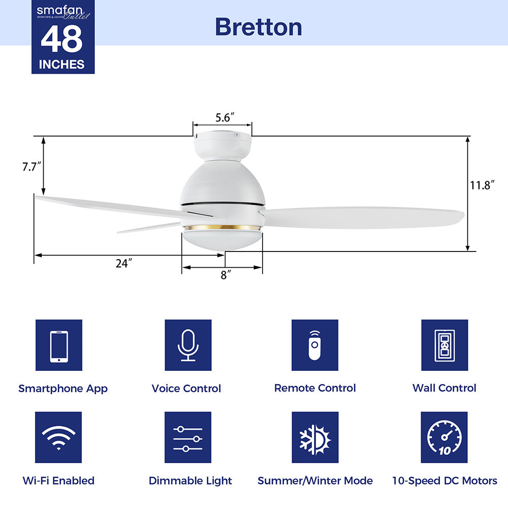 Smafan Bretton 48-inch ceiling fan, featuring a white motor housing and blades.  The ceiling fan measures 48 inches in total span, with a blade length of 11.8 inches, blade width of 8 inches, motor housing height of 5.6 inches, and total height of 7.7 inches, ideal for efficient airflow and cooling.  Features include smartphone app control, voice control, remote control, wall control, Wi-Fi enabled functionality, dimmable light, summer/winter mode, and 10-speed DC motors. 