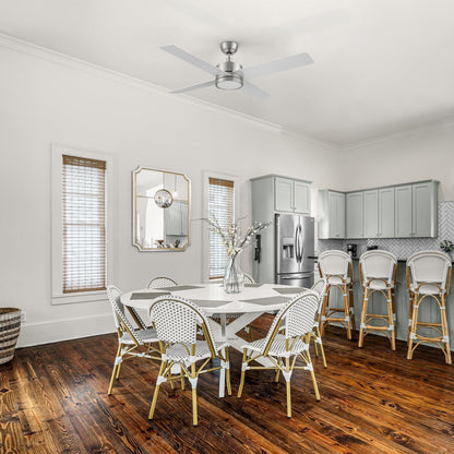 Smafan Rossendale 52-inch brushed nickel ceiling fan in silver with LED light in a rustic-style kitchen with wooden floors and white dining furniture. 