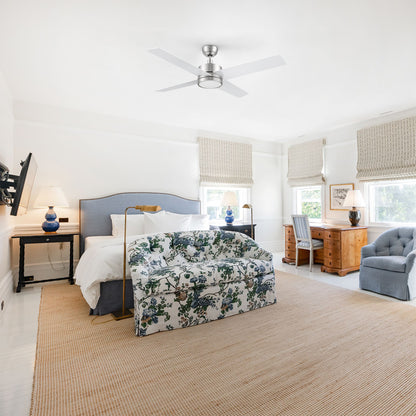 Smafan Rossendale 52-inch brushed nickel ceiling fan in silver with LED light installed in a traditional bedroom with floral bedding and classic furniture. 
