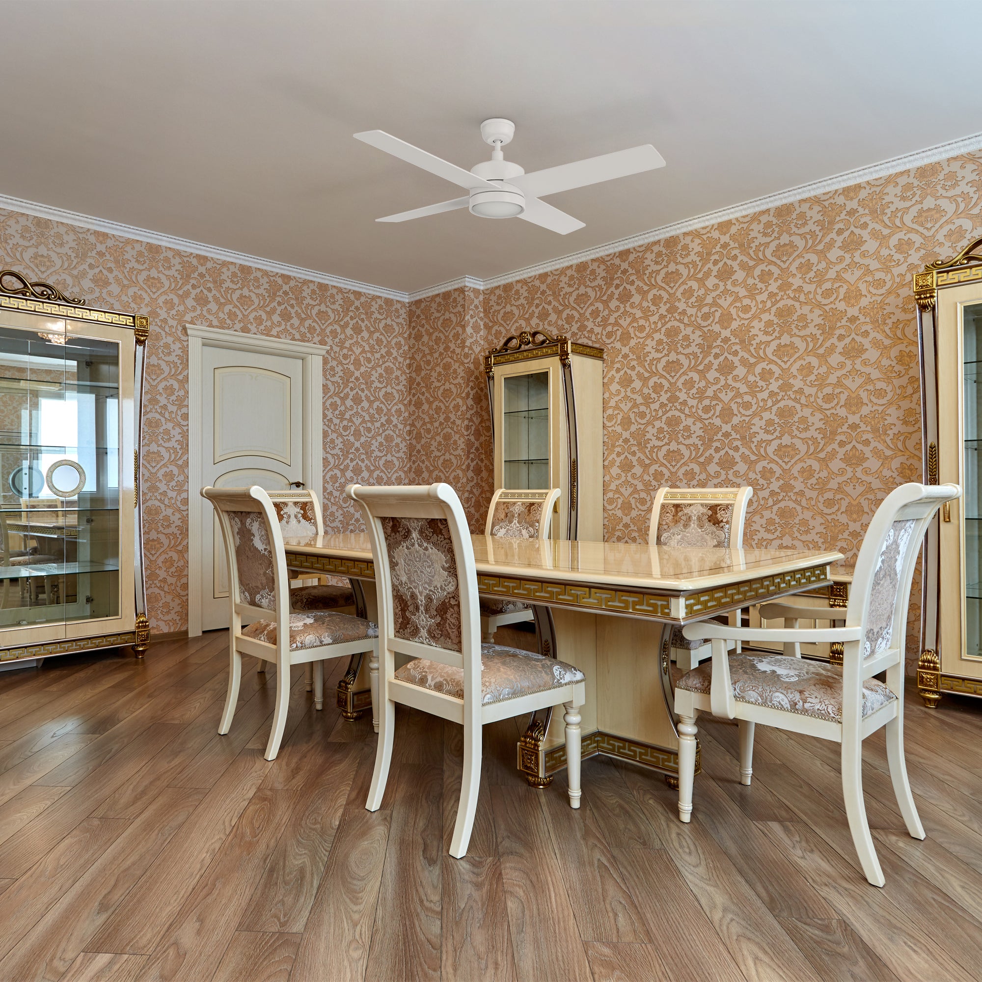 Smafan Rossendale 52-inch white ceiling fan with LED light in a traditional living room with vintage wallpaper and classic white dining set. 