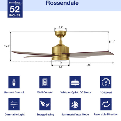 Carro Smafan Rossendale 52-inch gold ceiling fan with dimmable LED light, featuring a DC motor (whisper-quiet operation), 10-speed settings, remote/wall control, and reversible blades for summer/winter modes.  Dimensions: 15.1″ height, 26″ blade span. 