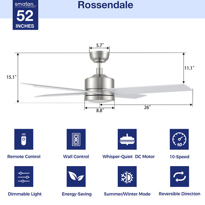 A product image of the CARRO Smafan Rossendale 52-inch ceiling fan in silver, displayed on a clean white background. The diagram highlights key measurements—52&quot; length, 11.1&quot; height, 26&quot; blade span—and showcases smart features with icons: Remote &amp; Wall Control, Whisper-Quiet DC Motor, 10 Speeds, Dimmable LED, Energy Saving, Reversible Direction, and Summer/Winter Mode. Sleek design meets modern convenience. 