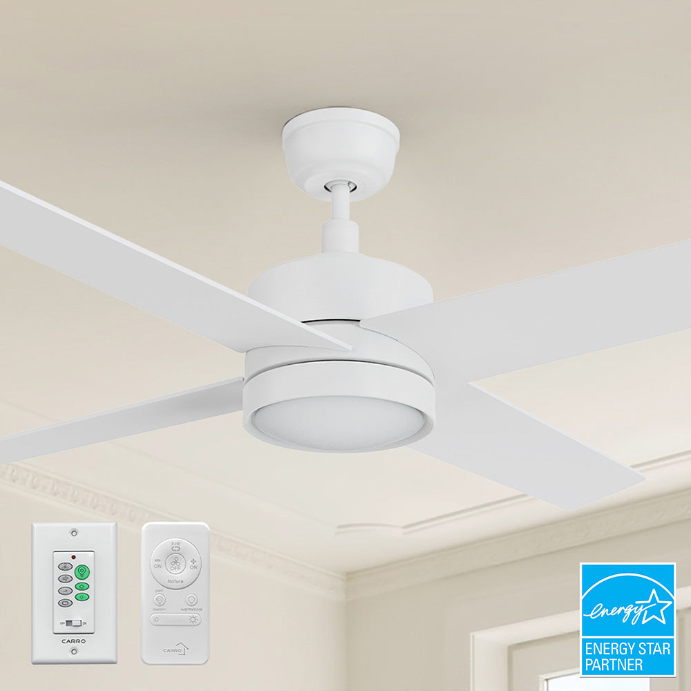 Carro Smafan Rossendale 52-inch ceiling fan in modern white with four sleek blades, integrated LED light, and included remote and wall switch for convenient control. 