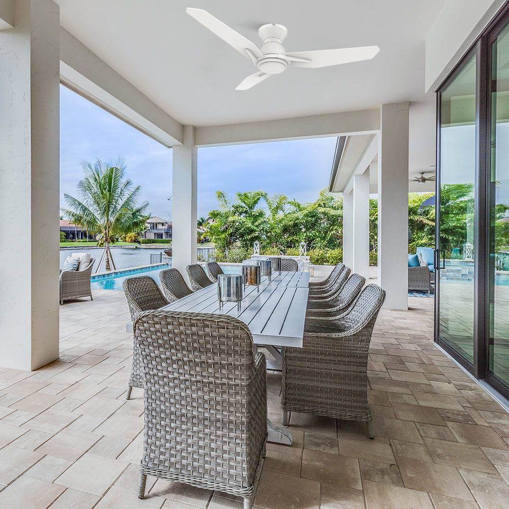 Stay comfortable all the time with this 48 inch flush mounted outdoor ceiling fan with white color in your living outdoor space, featuring a reversible and quiet 10-speed DC motor. 