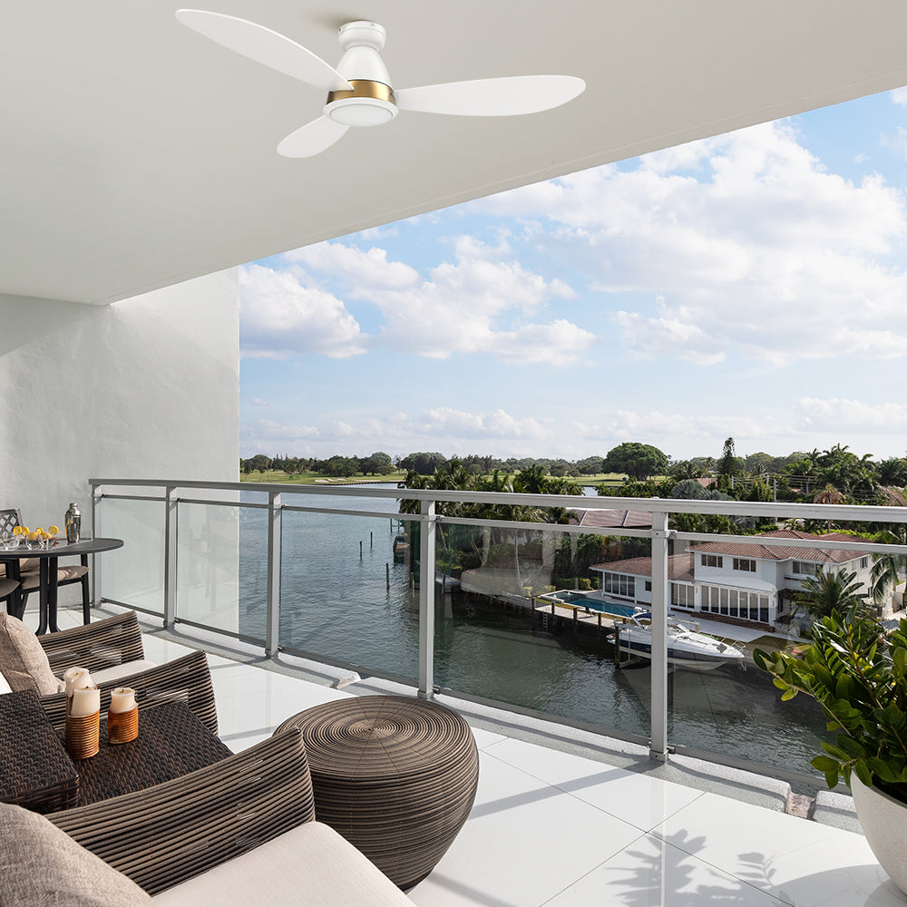 This 52-inch low-profile outdoor ceiling fan in White with reversible motor and remote control is perfect for smaller outdoor areas or rooms with lower ceilings. 