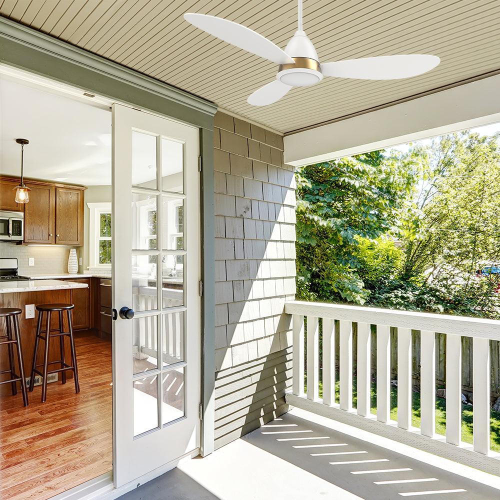 This Carro 52-inch outdoor ceiling fan in white with reversible motor and remote control is perfect for smaller outdoor areas or rooms with lower ceilings. 