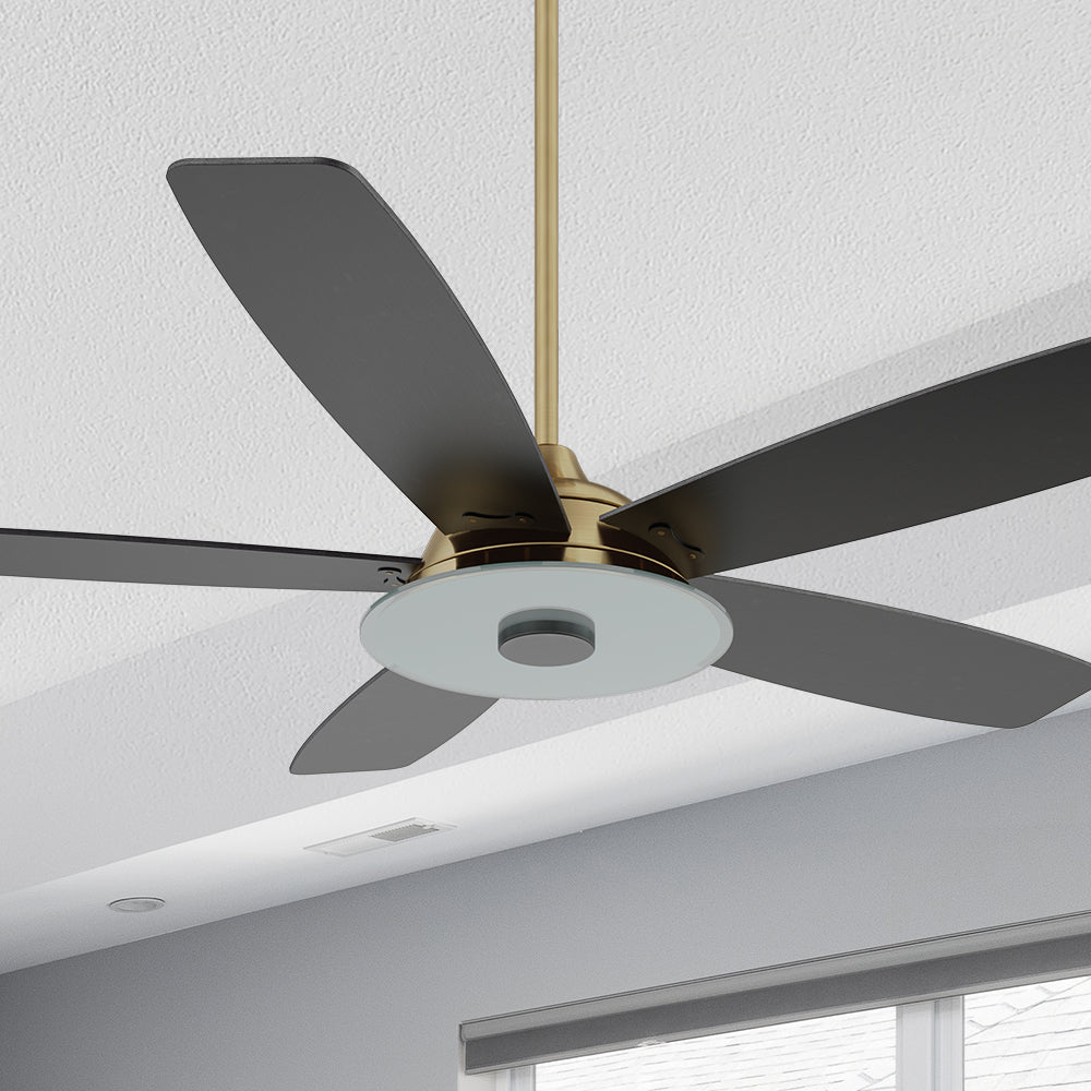 Carro Striker 52inch outdoor smart ceiling fan with LED light kit, gold base with black blades. 