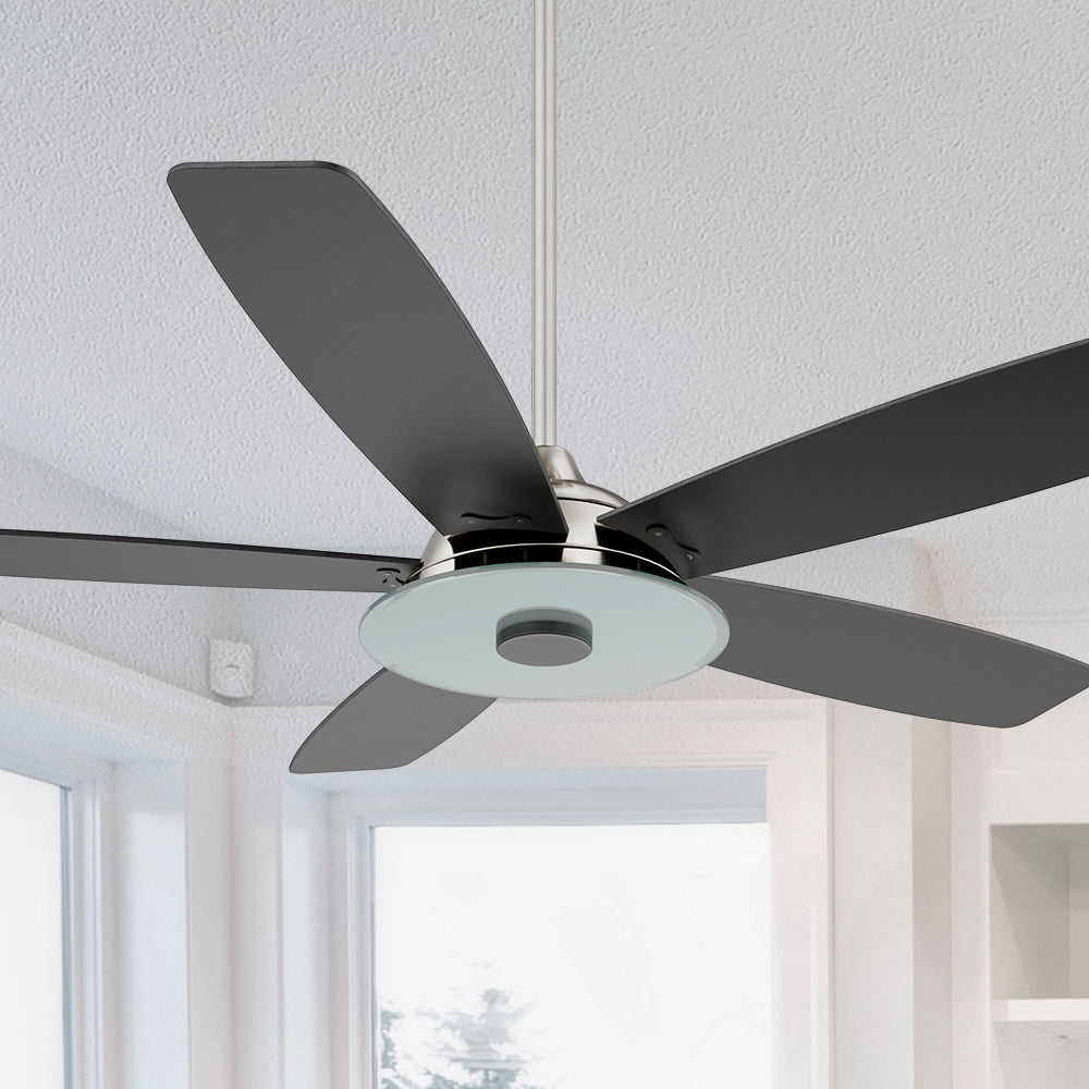 Carro Striker 56 inch outdoor smart ceiling fan with LED light kit, silver base with black blades. 