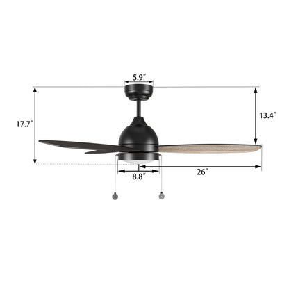 Detail size of Carro flush mount Tesoro 52 inch pull chain ceiling fan with light, indoor use only. 
