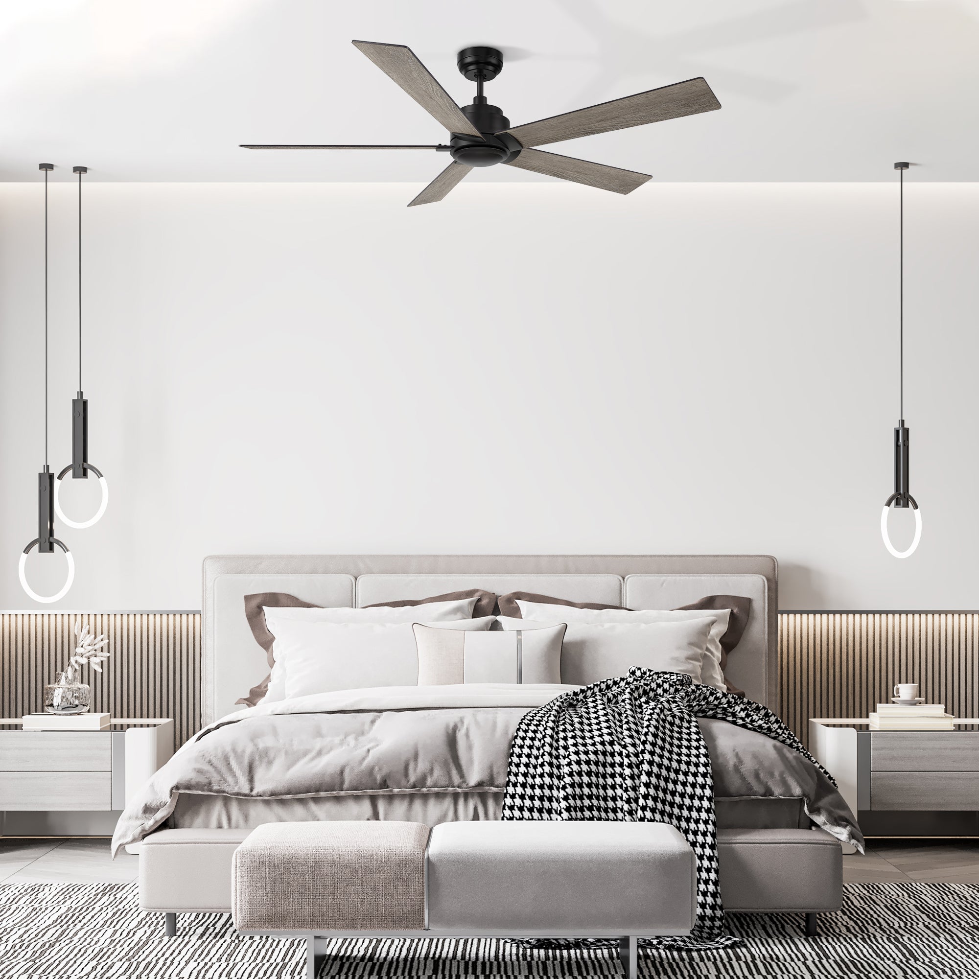 Carro Welland 60 inch remote control ceiling fans boasts a simple design with a Black finish and elegant Plywood blades, will keep your bedroom cool and stylish. 