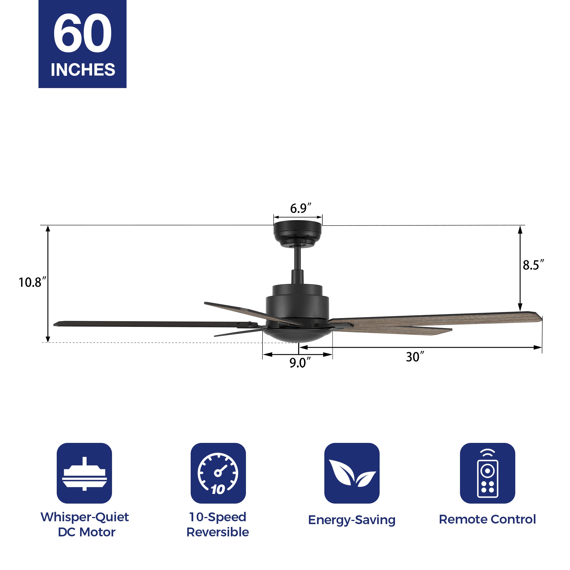 Carro Welland 60-inch ceiling fans with remote, featuring with 10-speed dc motor, whisper-quiet and energy-efficient. #color_black