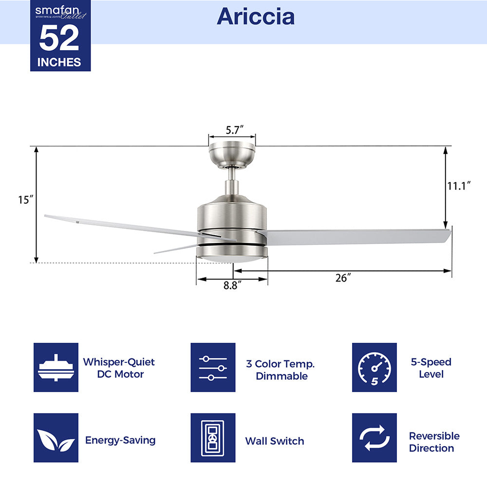  Carro Smafan 52-inch Louy ceiling fan in brushed nickel with five silver blades, integrated dimmable LED light, and smart controls including remote, wall switch, app, voice control, and 10-speed DC motor. Displayed on a white background to highlight its modern features. 