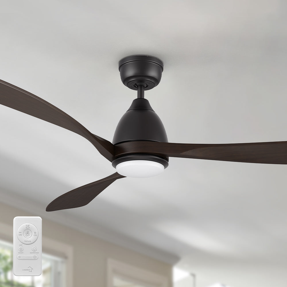 A close-up of the Nephele 60-inch black wood ceiling fan with a glossy finish, 3 elegant wooden blades, integrated LED light, and a remote control for convenient operation. 