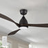A close-up of the Nephele 60-inch black wood ceiling fan with a glossy finish, 3 elegant wooden blades, integrated LED light, and a remote control for convenient operation. 