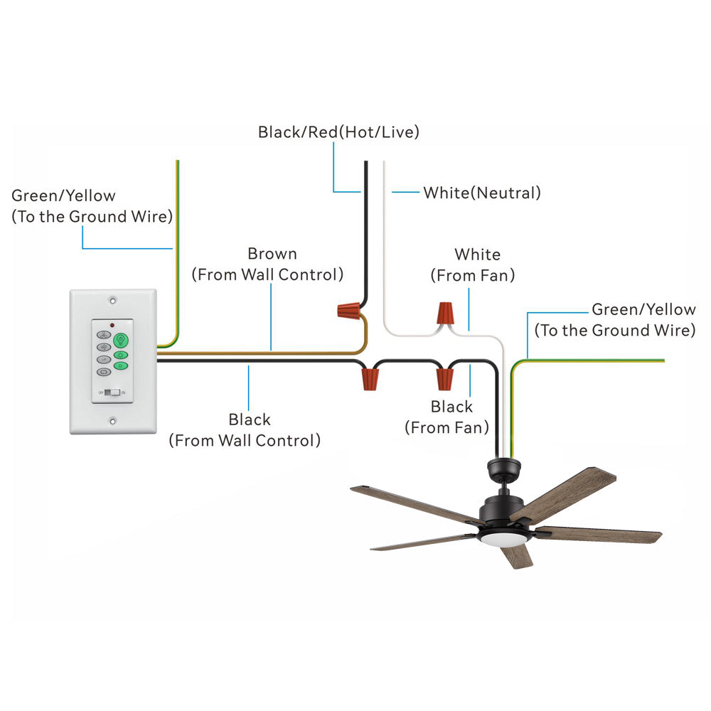 Illustration of a wiring diagram for ceiling fan with light, showing the connection of wires from the wall switch control and ceiling fan. The image shows the connection of various wires: Black/Red (Hot/Live), White (Neutral), Green/Yellow (Ground), and Black/Brown wires from the wall control and ceiling fan. It includes 52 inch black ceiling fan with 5 light wood blades, a wall control switch with multiple buttons, and detailed wiring instructions for proper installation.  