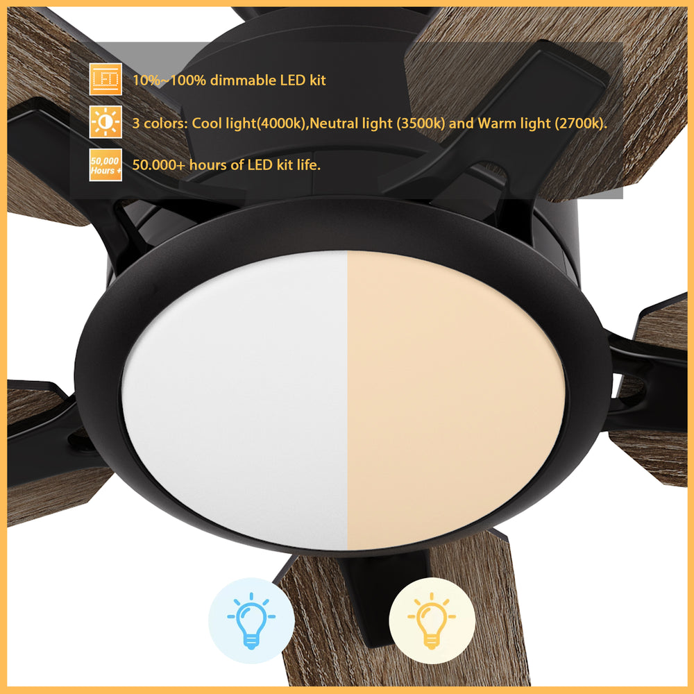 Close-up of the Carro Smafan Essex2 52-inch smart ceiling fan’s LED light kit in black finish, showing warm and cool white light color temperature options with labeled features. 