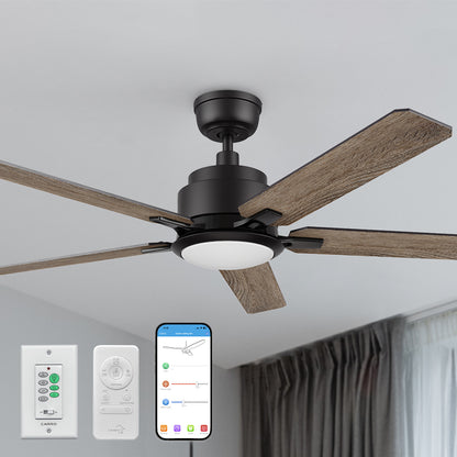 Carro Smafan Essex2 52-inch smart ceiling fan in matte black finish with wood-style blades and integrated LED light, mounted on a white ceiling indoors. Below the fan, compatible control options are shown: a wall switch, handheld remote, and smartphone app interface displaying fan speed and light settings. 