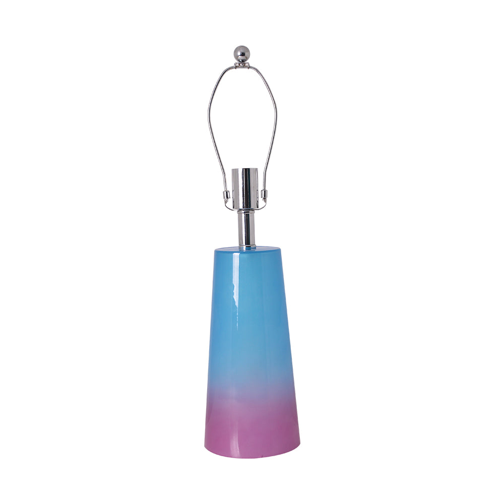 Close-up product image of a single Carro Smafan Rosemary table lamp showing the ombre base fading from blue to purple and topped with a silver harp and finial, no shade attached. 