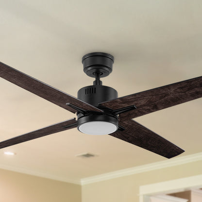 Carro Smafan Skye 52-inch ceiling fan with detailed dimensions. A black ceiling fan with plywood blades, LED lighting, and a flush mount design, perfect for low ceilings in modern and farmhouse-style homes. 