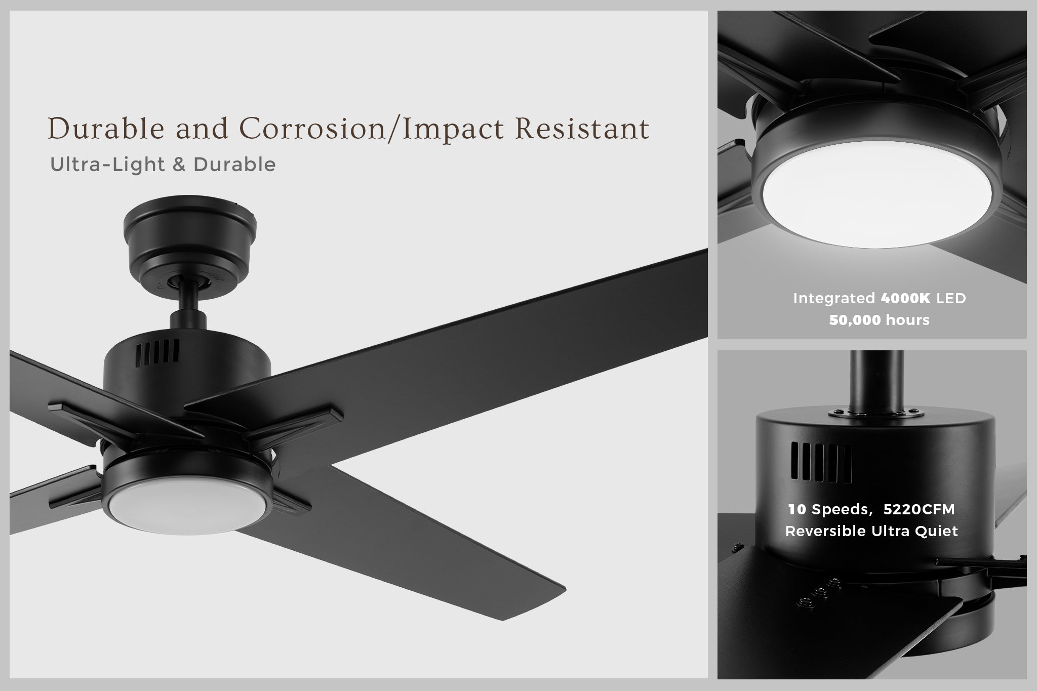 Carro Smafan Skye smart ceiling fan with LED light and energy-efficient DC motor. A durable and corrosion-resistant black ceiling fan designed for modern indoor spaces.