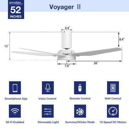 Diagram of the Voyager II 52-inch white ceiling fan with labeled dimensions and icons showing features like smartphone app, voice and remote control, Wi-Fi, dimmable light, summer/winter mode, and 10-speed DC motor. 