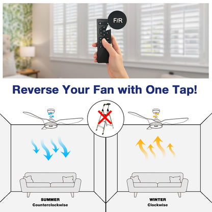 Diagram showing how to reverse a Carro Smafan ceiling fan direction with one tap using black remote. The graphic illustrates summer mode (counterclockwise airflow for cooling) and winter mode (clockwise airflow for warmth), eliminating the need for a ladder.