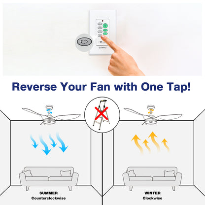 Diagram showing how to reverse a Carro Smafan ceiling fan direction with one tap using a wall switch. The graphic illustrates summer mode (counterclockwise airflow for cooling) and winter mode (clockwise airflow for warmth), eliminating the need for a ladder.