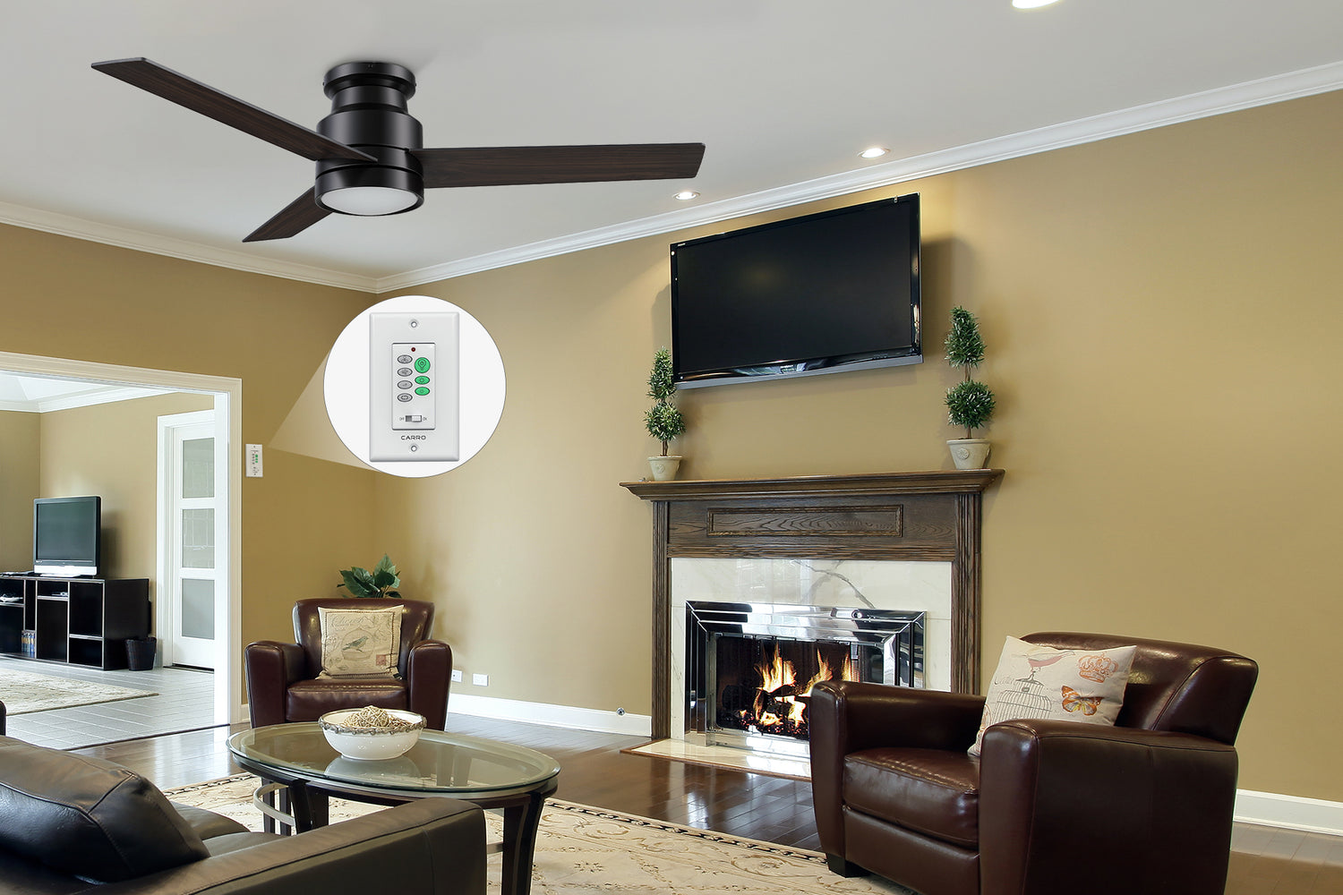 52inch low profile ceiling fan with LED light well matches to the black sofa in modern living room.