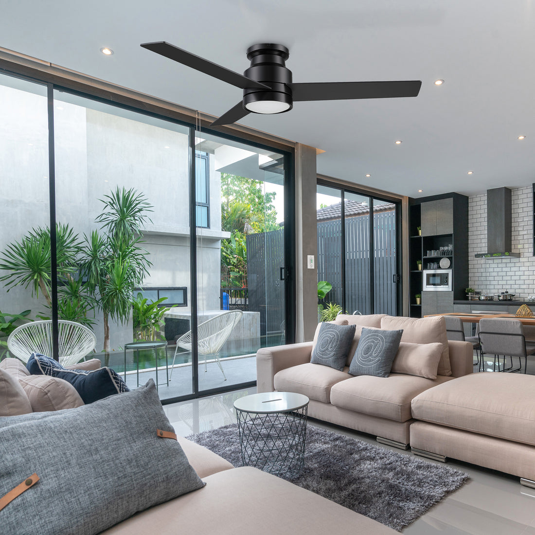 DC motor low profile ceiling fan in black with dimmable LED light, featuring with 10-speed reversible DC motor and well match modern style living room. 