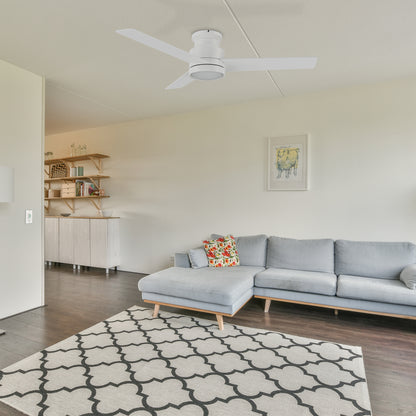 Low profile ceiling fan in white with LED light well matches to the gray and blue soft bag sofa and the white plum blossom pattern of the large carpet, making the whole living room with a modern sense. 