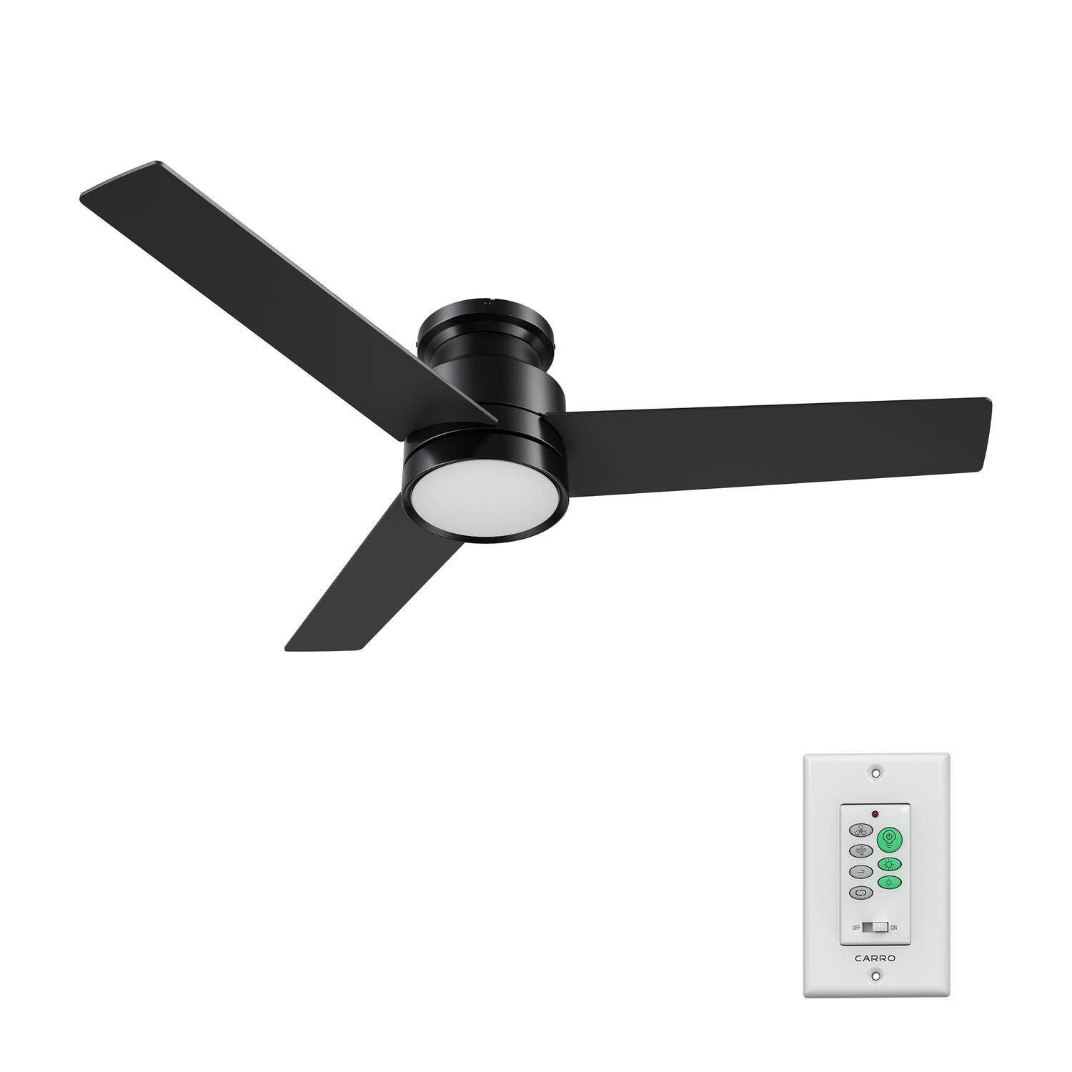 Low profile ceiling fan in black with wall switch control allows you to operate remotely to turn the fan on and off, change the light, adjust the 10-speed choice, reversible direction etc. 