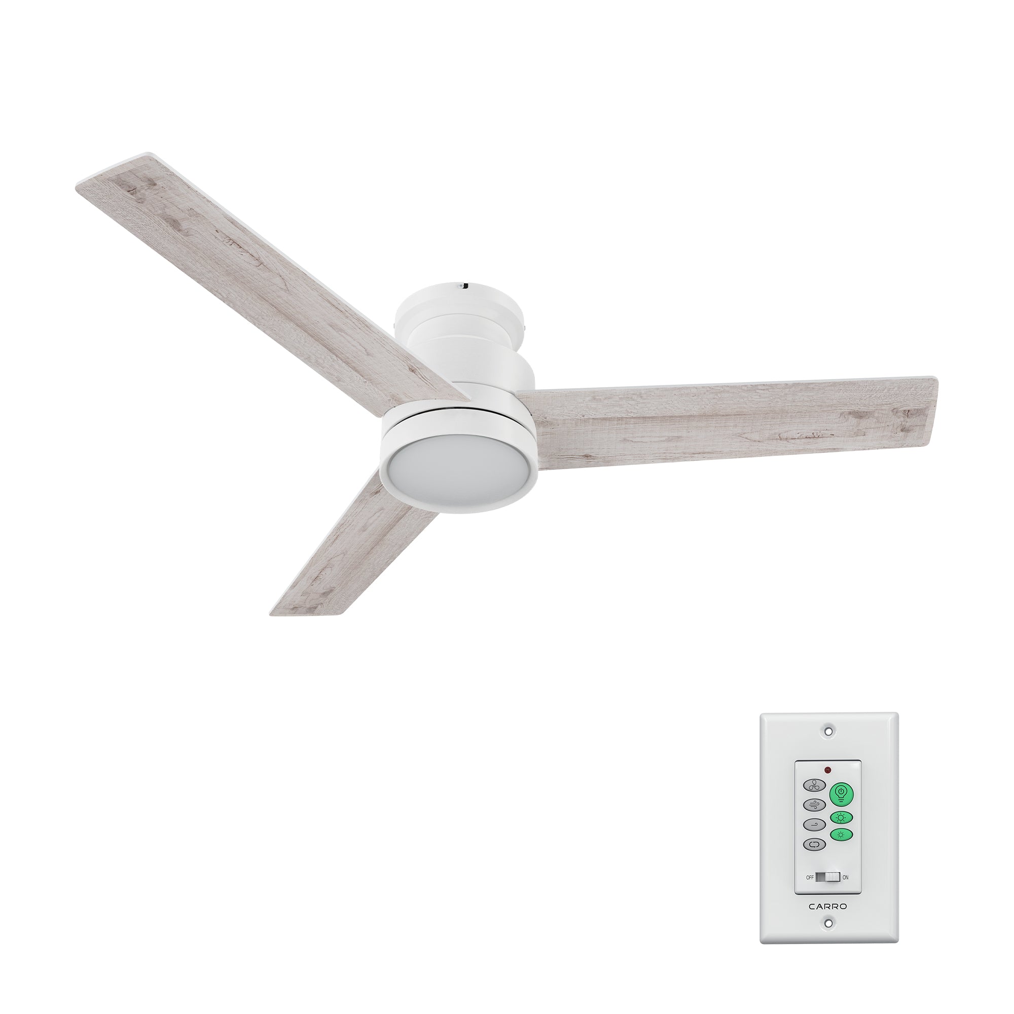 Low profile ceiling fan in white with wall switch control allows you to operate remotely to turn the fan on and off, change the light, adjust the 10-speed choice, reversible direction etc. 
