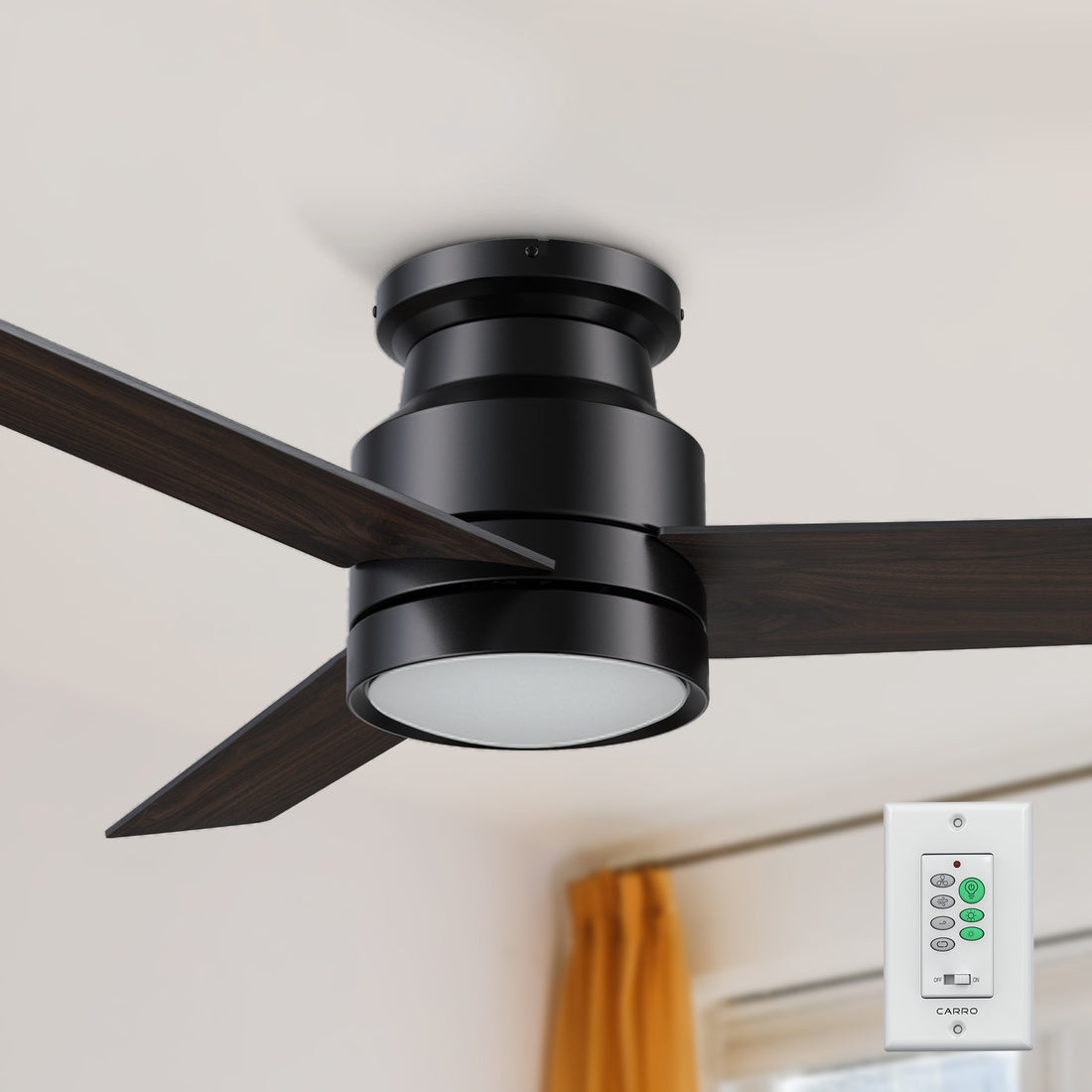 52-inch black flush mounting ceiling fan with dimmable LED light and wall switch control.