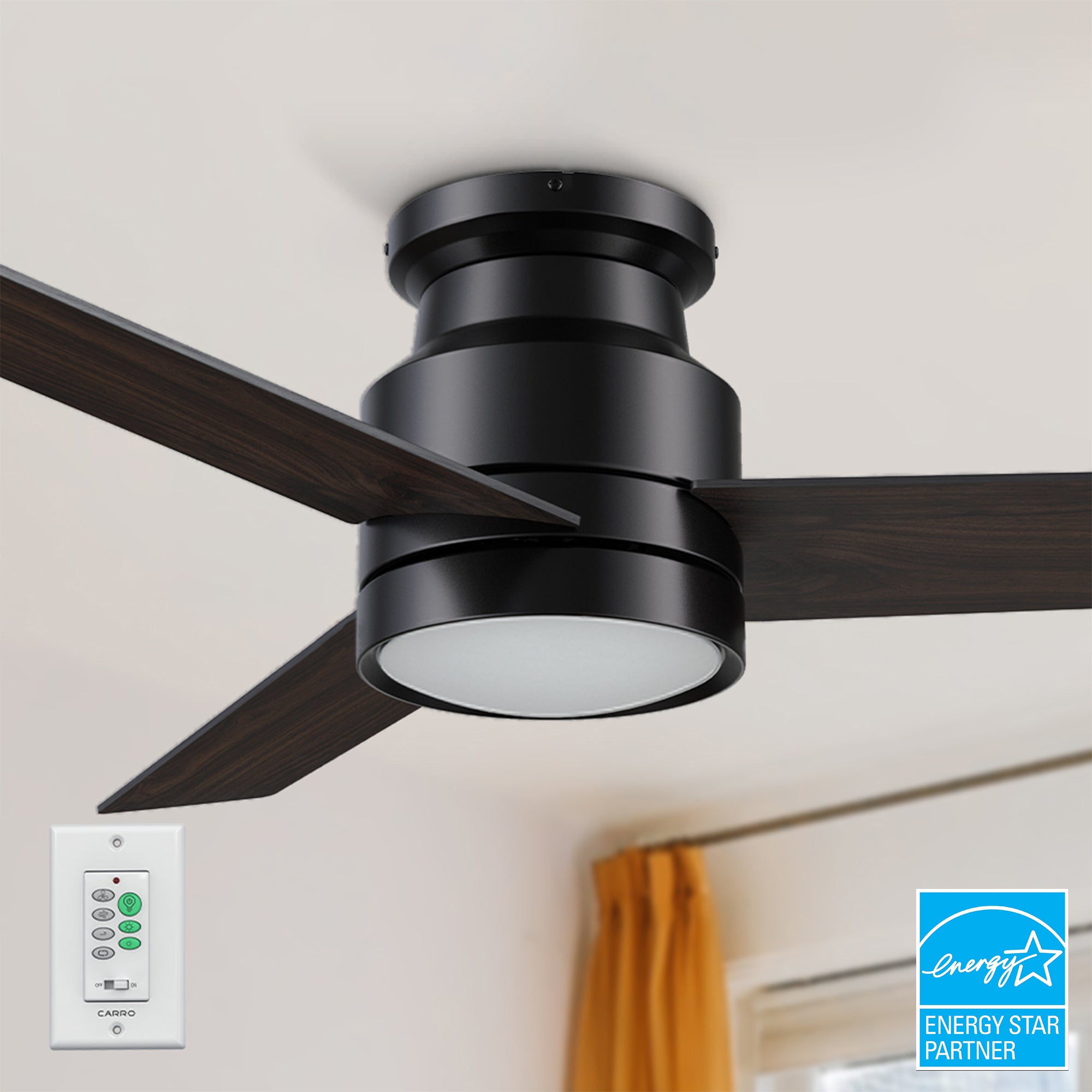 52-inch matte black flush mounting ceiling fan with dimmable LED light and wall switch control, is Energy Star Certified. 