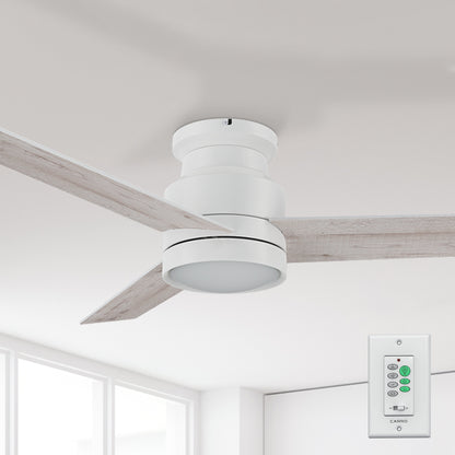52-inch white flush mounting ceiling fan with dimmable LED light and wall switch control. 