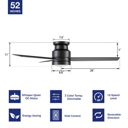 The dimension image of 52-inch flush mounting matte black ceiling fan with LED light and wall switch control. 