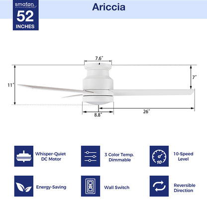 Carro Smafan Ariccia 52-inch flush mount ceiling fan in white with 3 blades, integrated LED light, and smart features including remote, wall control, app, voice control, and 10-speed DC motor. 