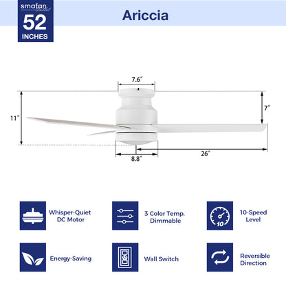 The dimension image of 52-inch flush mount white ceiling fan with LED light and wall switch control. 